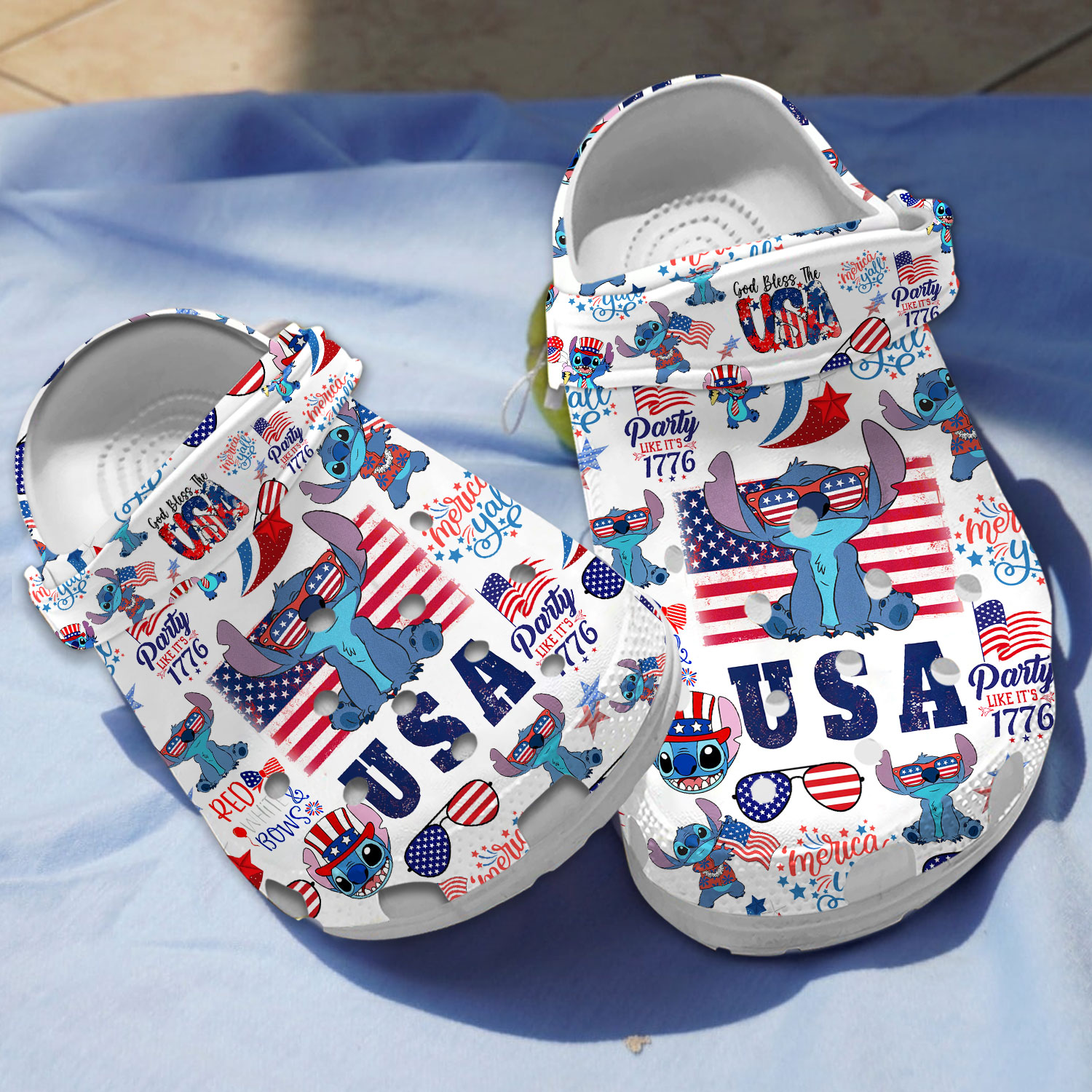 usa happy 4th of july independence day stitch cartoon white clogs 0huue