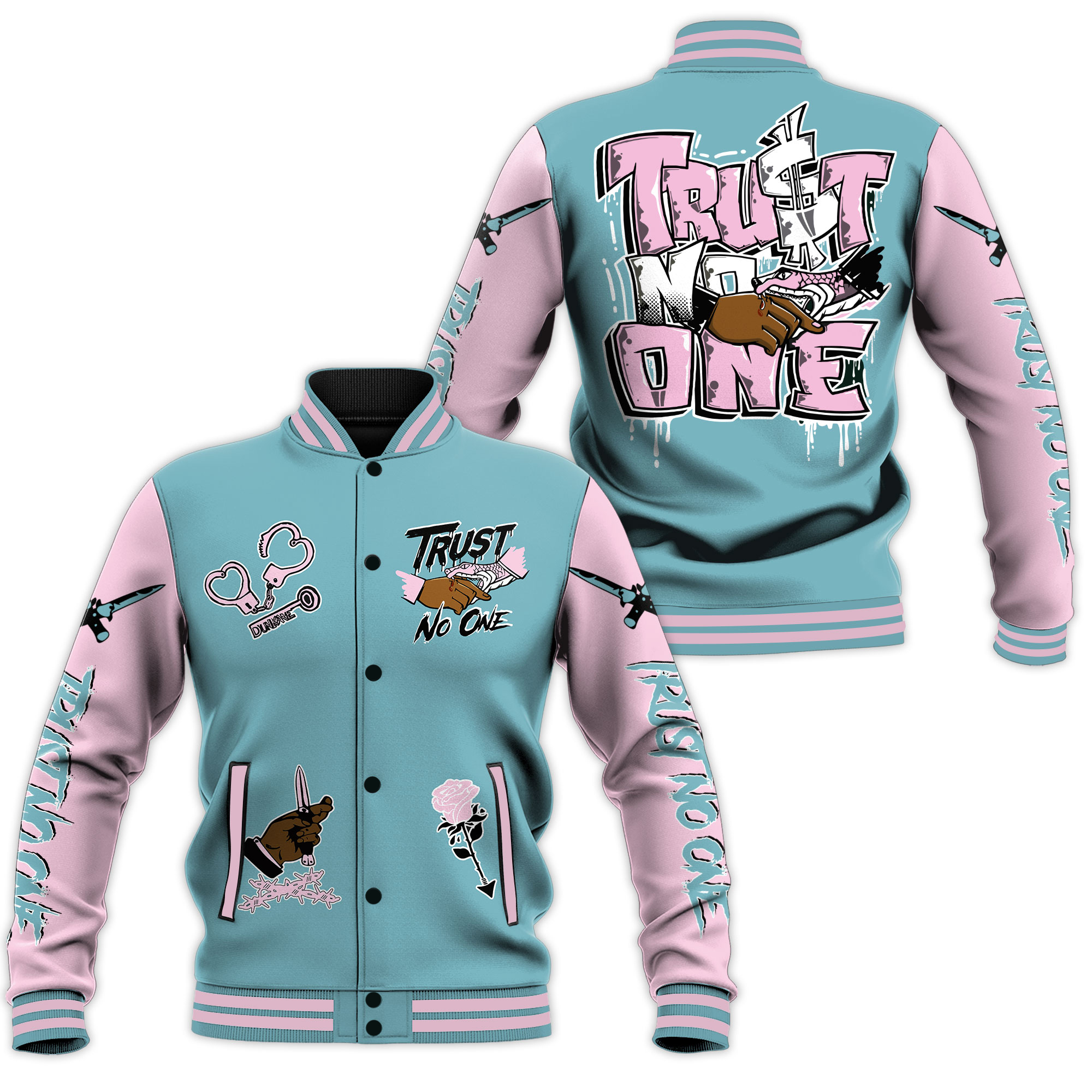 varsity chris brown trust no one pink 26 blue design baseball jacket qog75