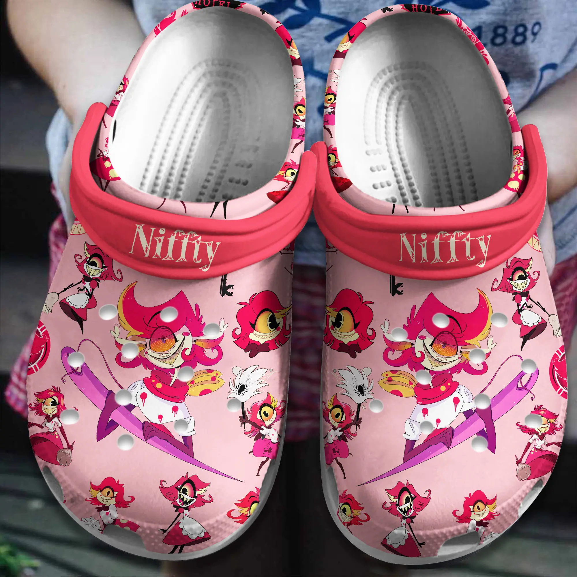 water proof light pink stunning niffty from hazbin hotel tv series clogs awoom