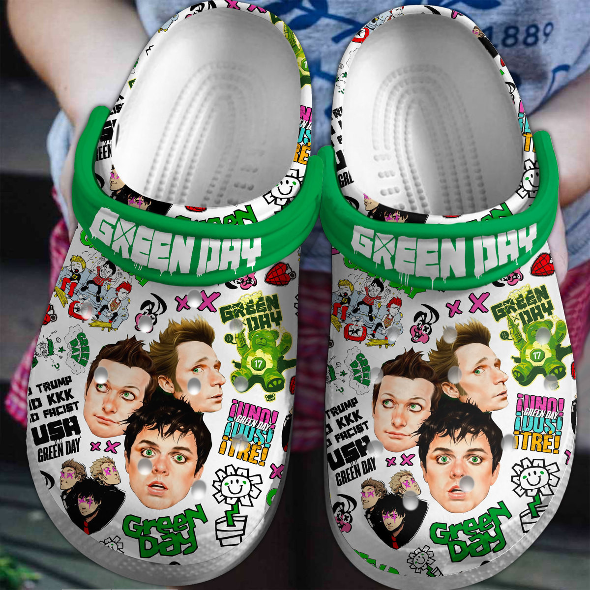 water resistant green day music band white clogs for kids 26 adults voxq7