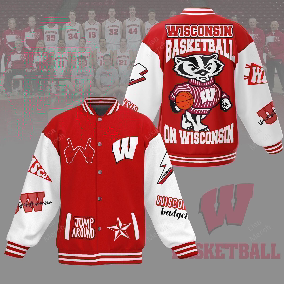 wisconsin basketball on wisconsin jump around sport baseball jacket mss72
