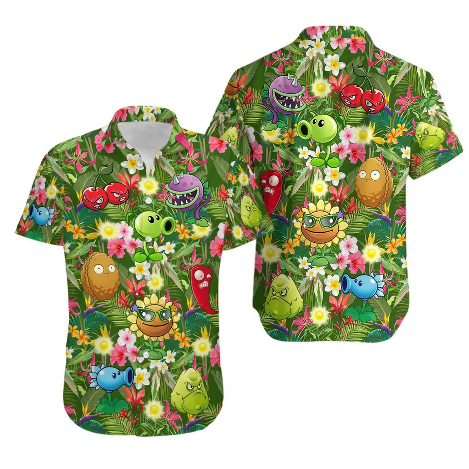 zombies and plant game tropical floral green hawaiian shirt 8f1lh
