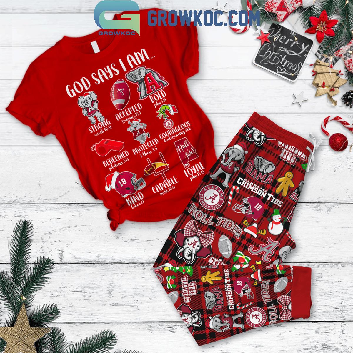 Alabama Crimson Tide God Says I Am Strong 2024 Christmas Fleece Pajamas Set 1 xY161
