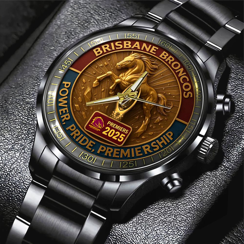 BRISBANE BRONCOS BLACK STAINLESS STEEL WATCH TMTHU1434