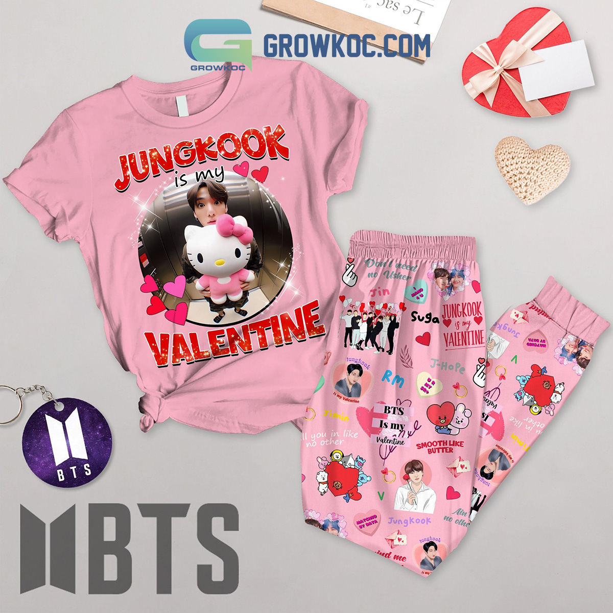 BTS Jungkook Valentine Love Pink Fleece Pajamas Set2B1 WpkqY