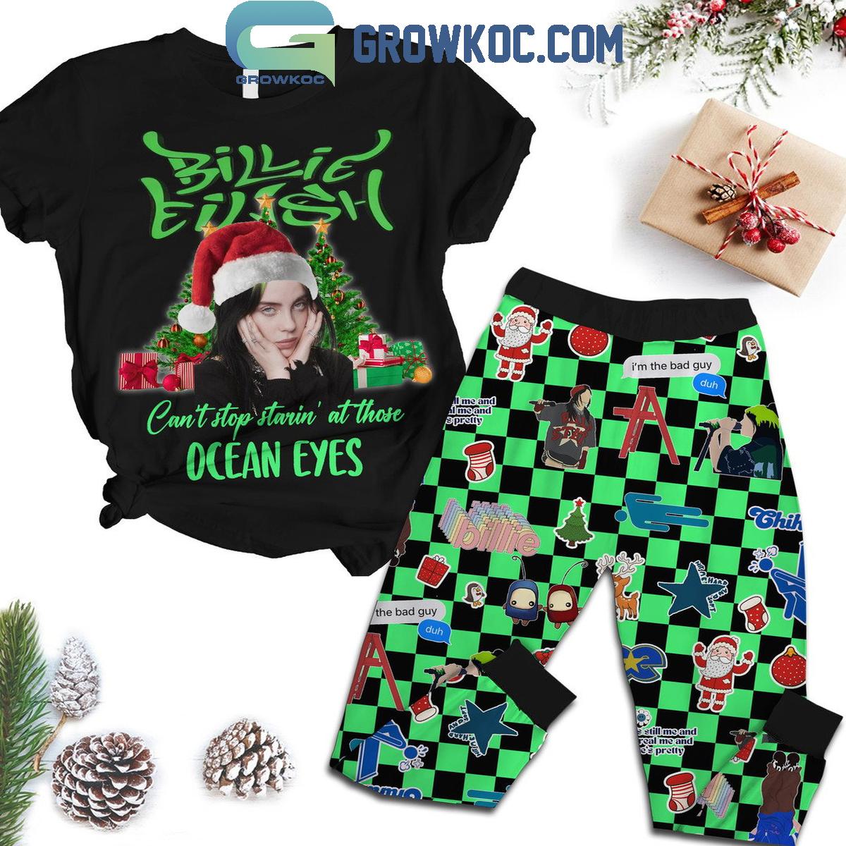 Billie Eilish Cant Stop Starin At Those Ocean Eyes Christmas Fleece Pajamas Set 1 CcVAN