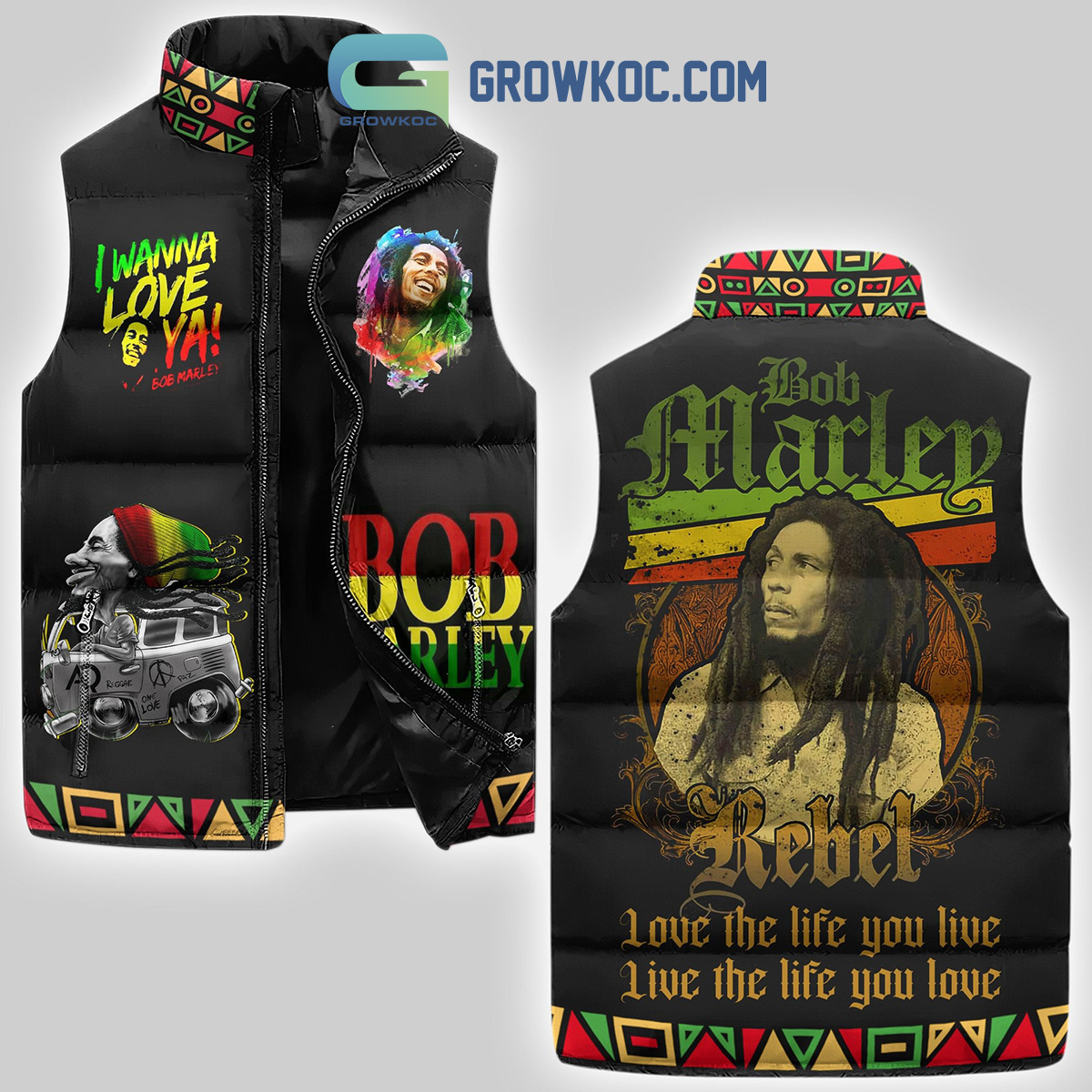 Bob Marley Rebel Love Sleeveless Puffer Jacket2B1 FFTbk