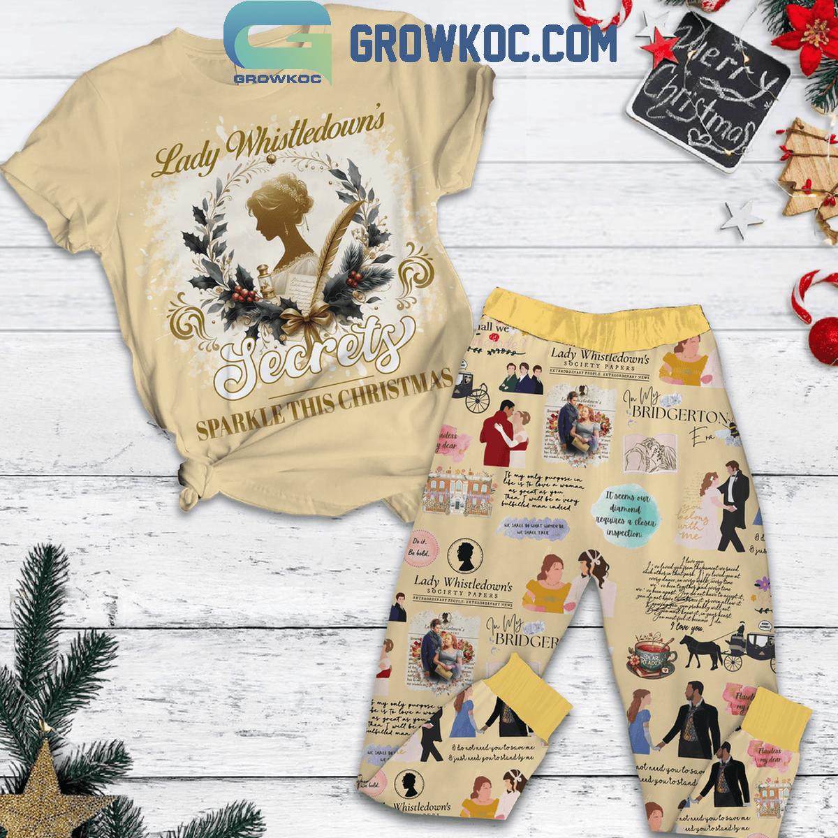 Bridgerton Lady Whistledown Secrets Sparkle Christmas Fleece Pajamas Set 1 aTmva