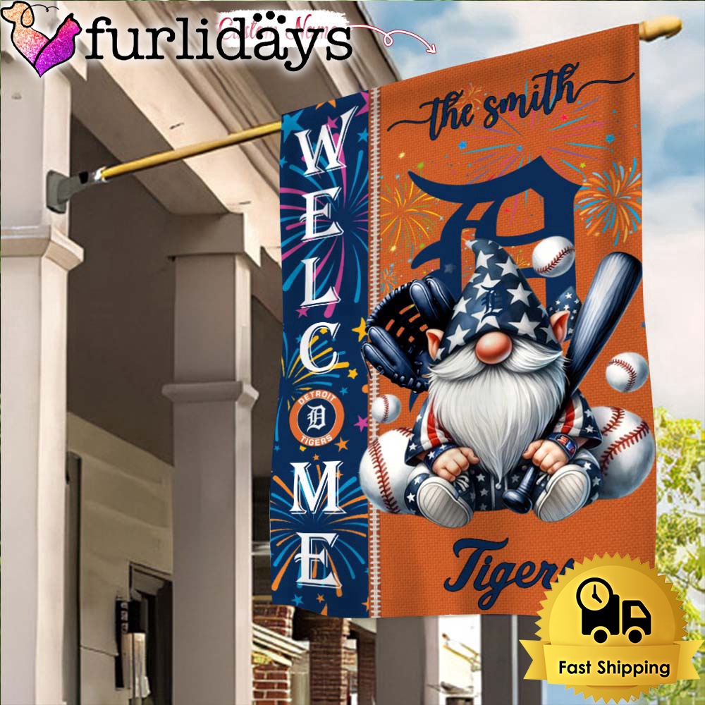 Custom Name MLB Detroit Tigers Gnomes 4th Of July Flag