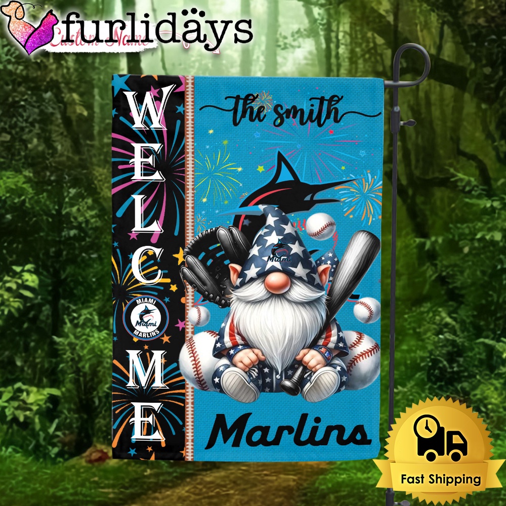 Custom Name MLB Miami Marlins Gnomes 4th Of July Flag