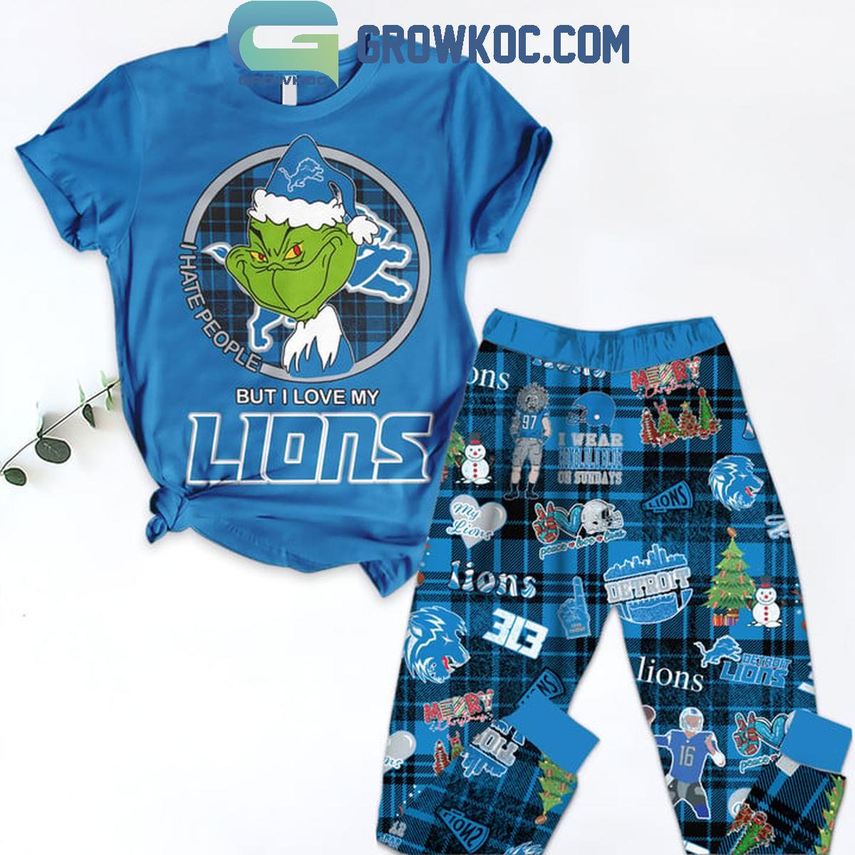 Detroit Lions Christmas Grinch 2024 I Hate People But Love Lions Fleece Pajamas Set 1 nzDsd