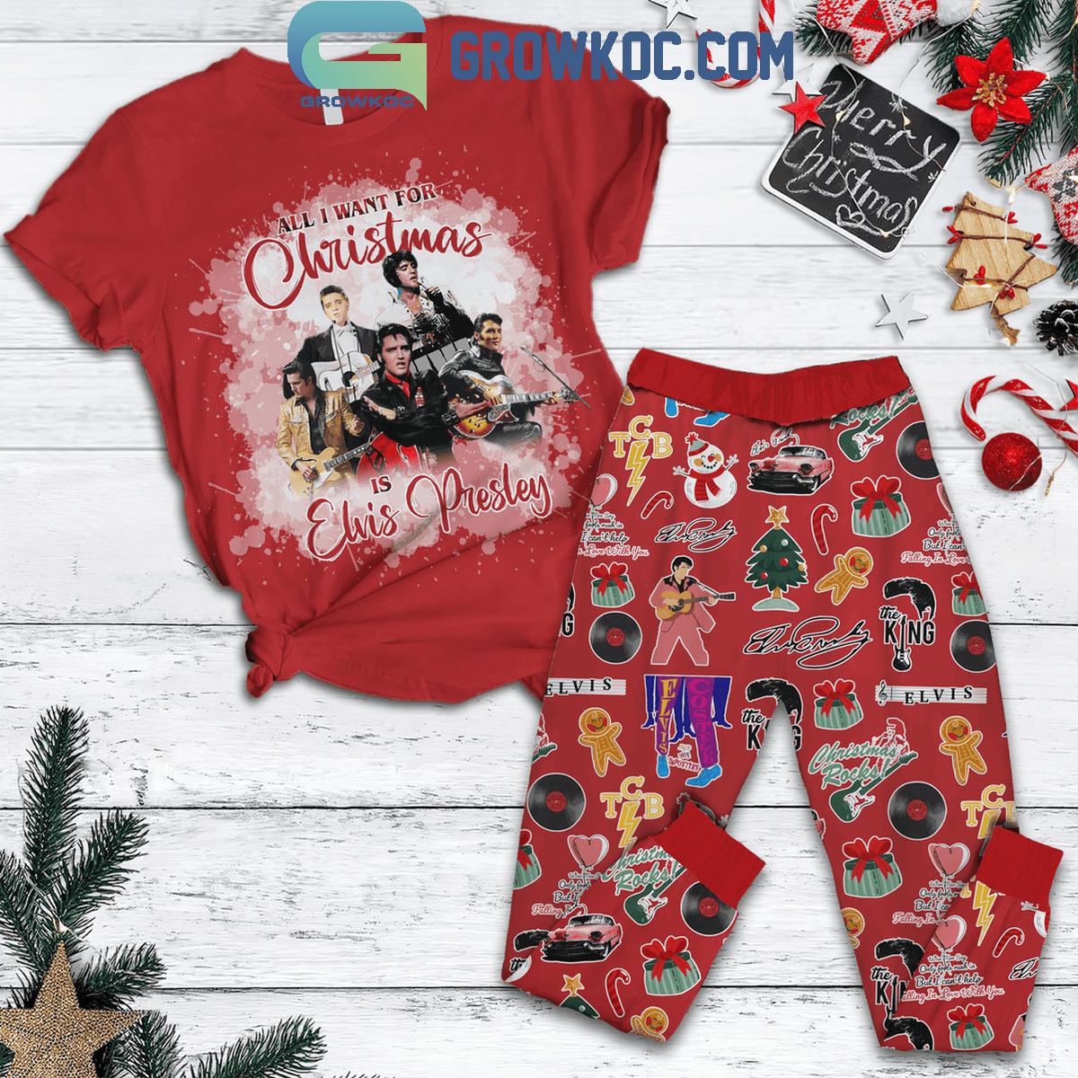 Elvis Presley All I Want Is Presley Christmas Fleece Pajamas Set 1 sdPpW