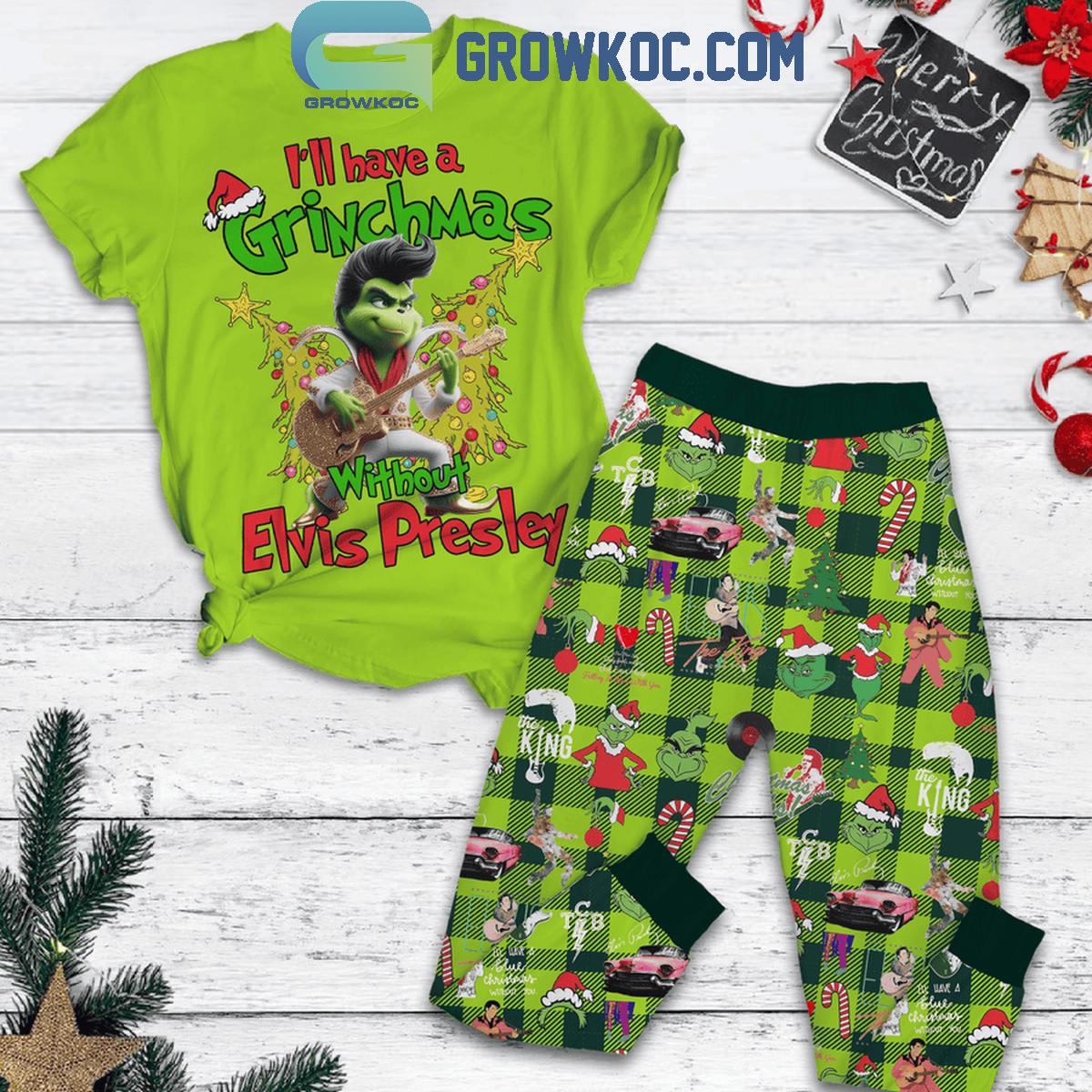 Elvis Presley Ill Have A Grinchmas Without Presley Christmas Fleece Pajamas Set 1 mqghE