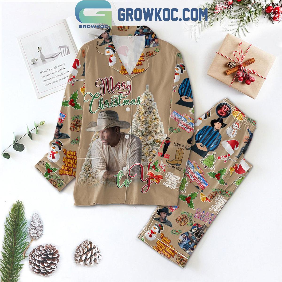 Garth Brooks Blame It On My Roots Merry Christmas Polyester Pajamas Set 1 JV5At