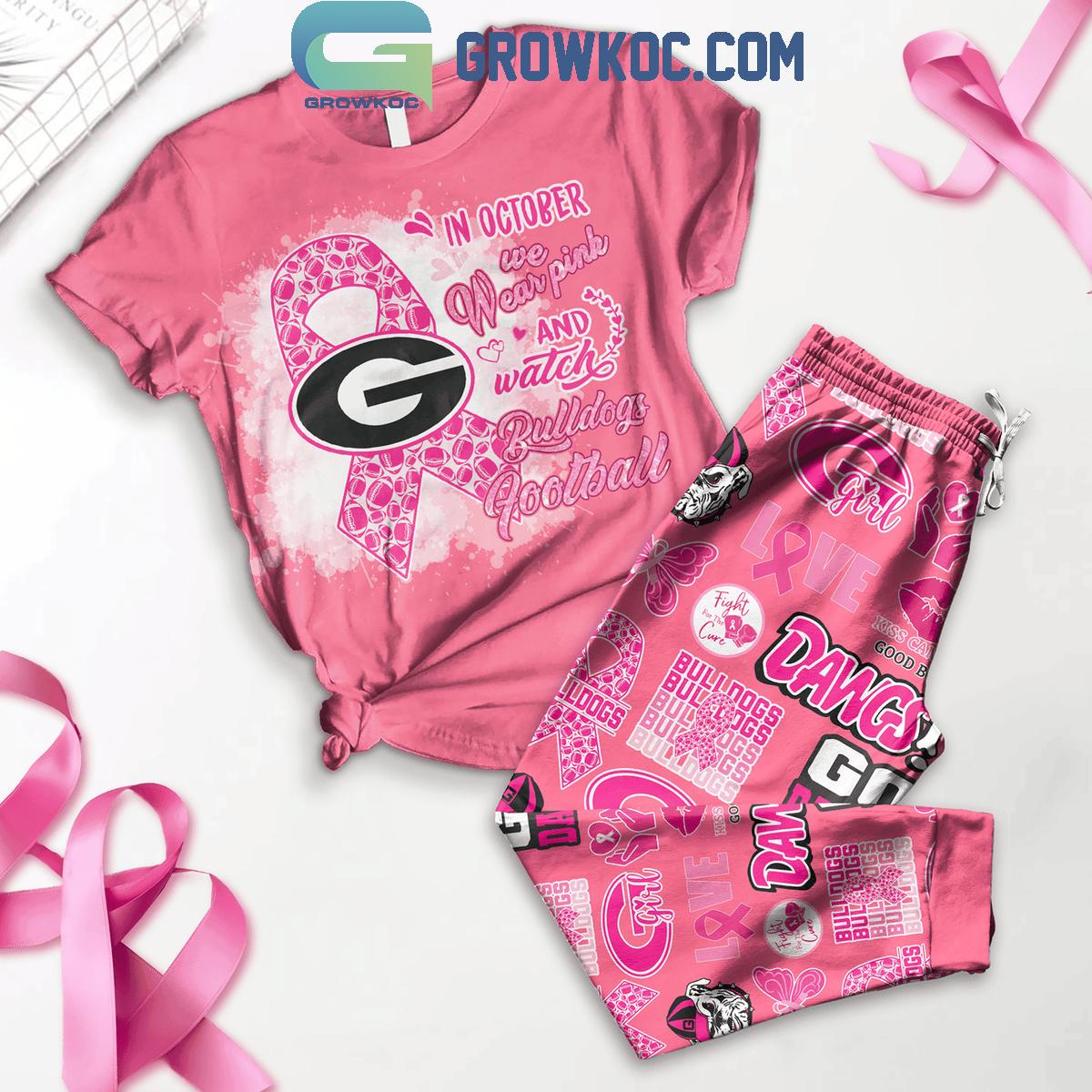 Georgia Bulldogs In October We Wear Pink And Watch Football Fleece Pajamas Set 1 ev7Xe