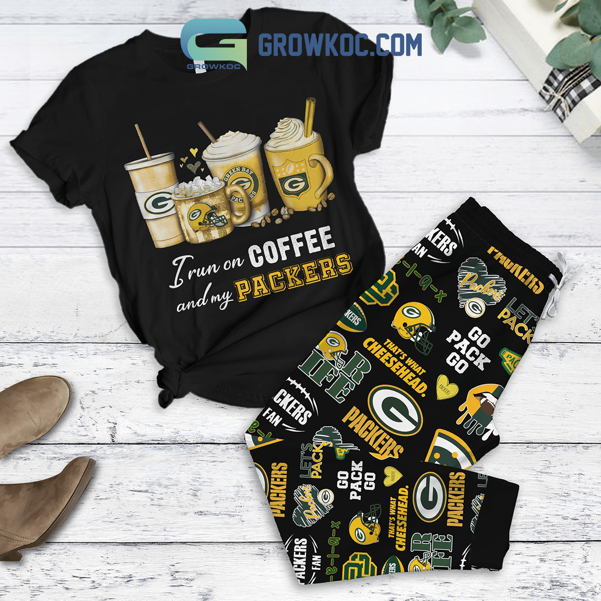 Green Bay Packers Run On Coffee Black Design Fleece Pajamas Set2B1 I9KX2
