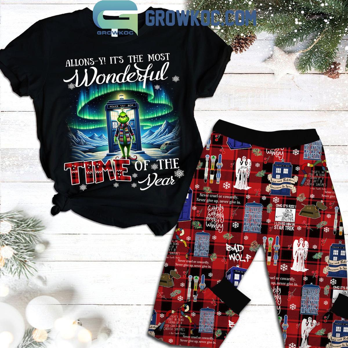 Grinch Doctor Who Christmas The Most Wonderful Time Of The Year Fleece Pajamas Set 1 5IvZA