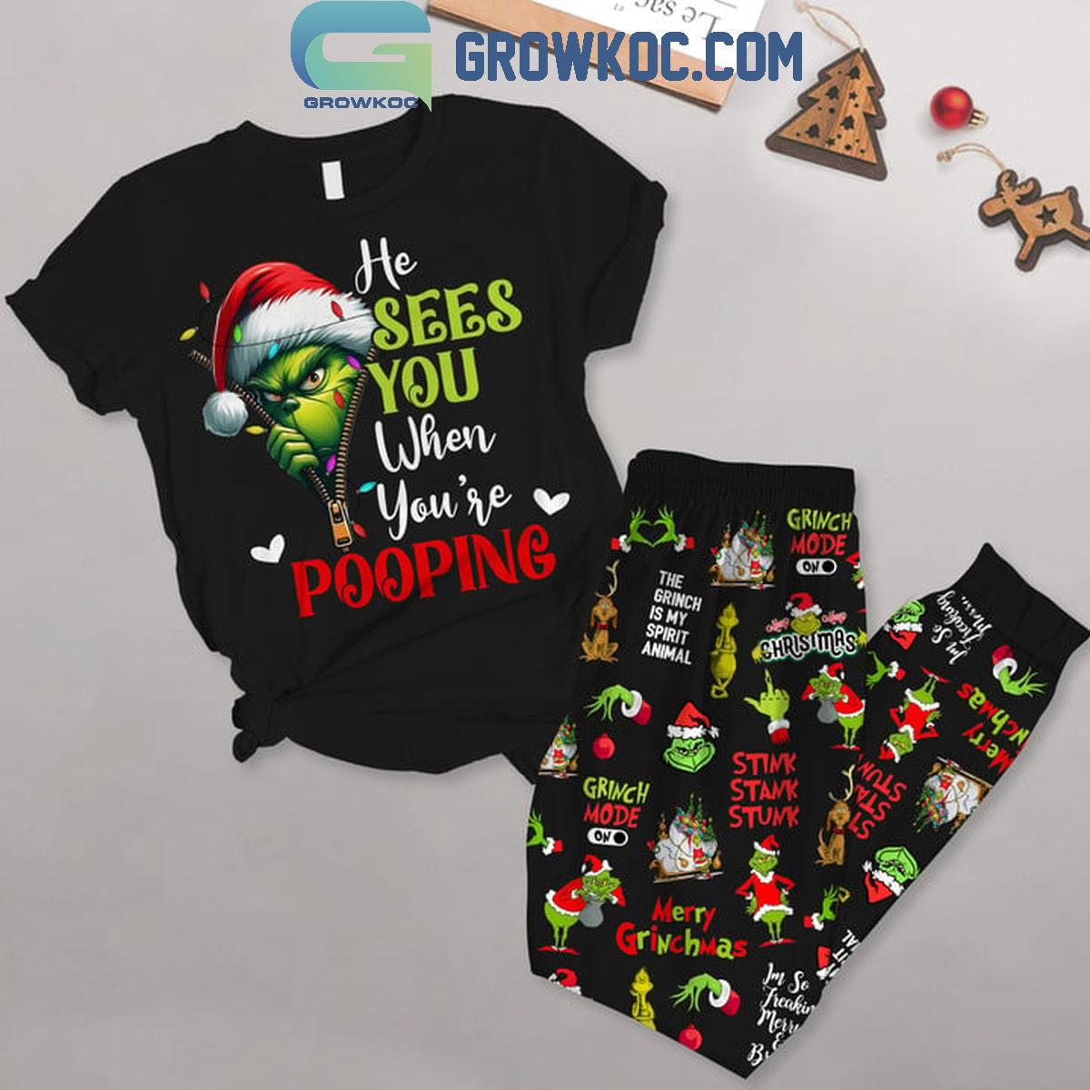 Grinch He Sees You When Youre Pooping Christmas Fleece Pajamas Set 1 VVWOa