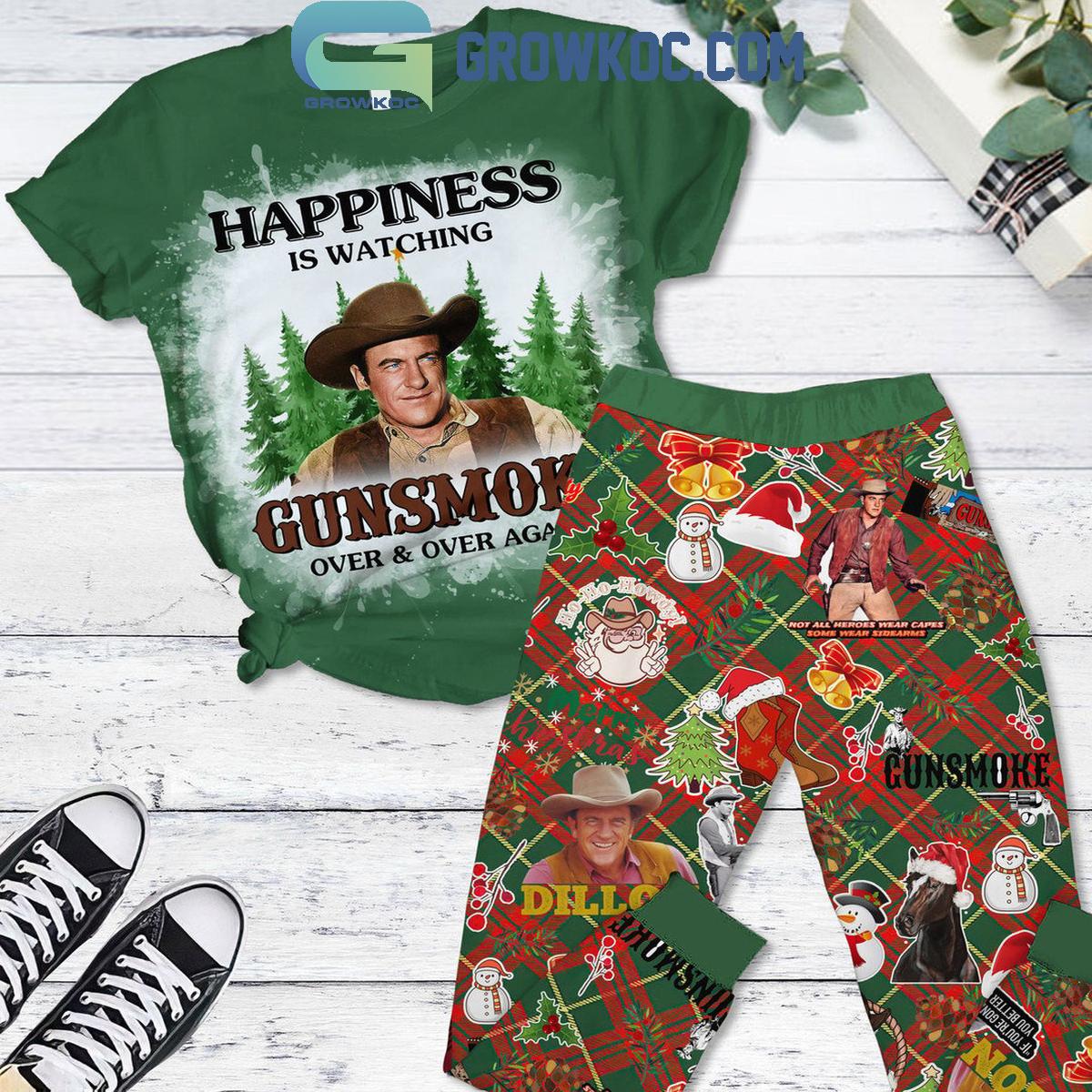 Gunsmoke Happiness Is Watching Over And Over Again Christmas Fleece Pajamas Set 1 KRlxN