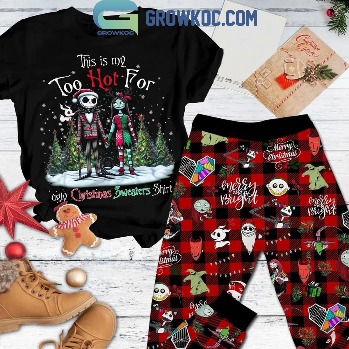Jack Skellington Sally This Is Too Hot For My Christmas Ugly Sweater Fleece Pajamas Set 1 jGses