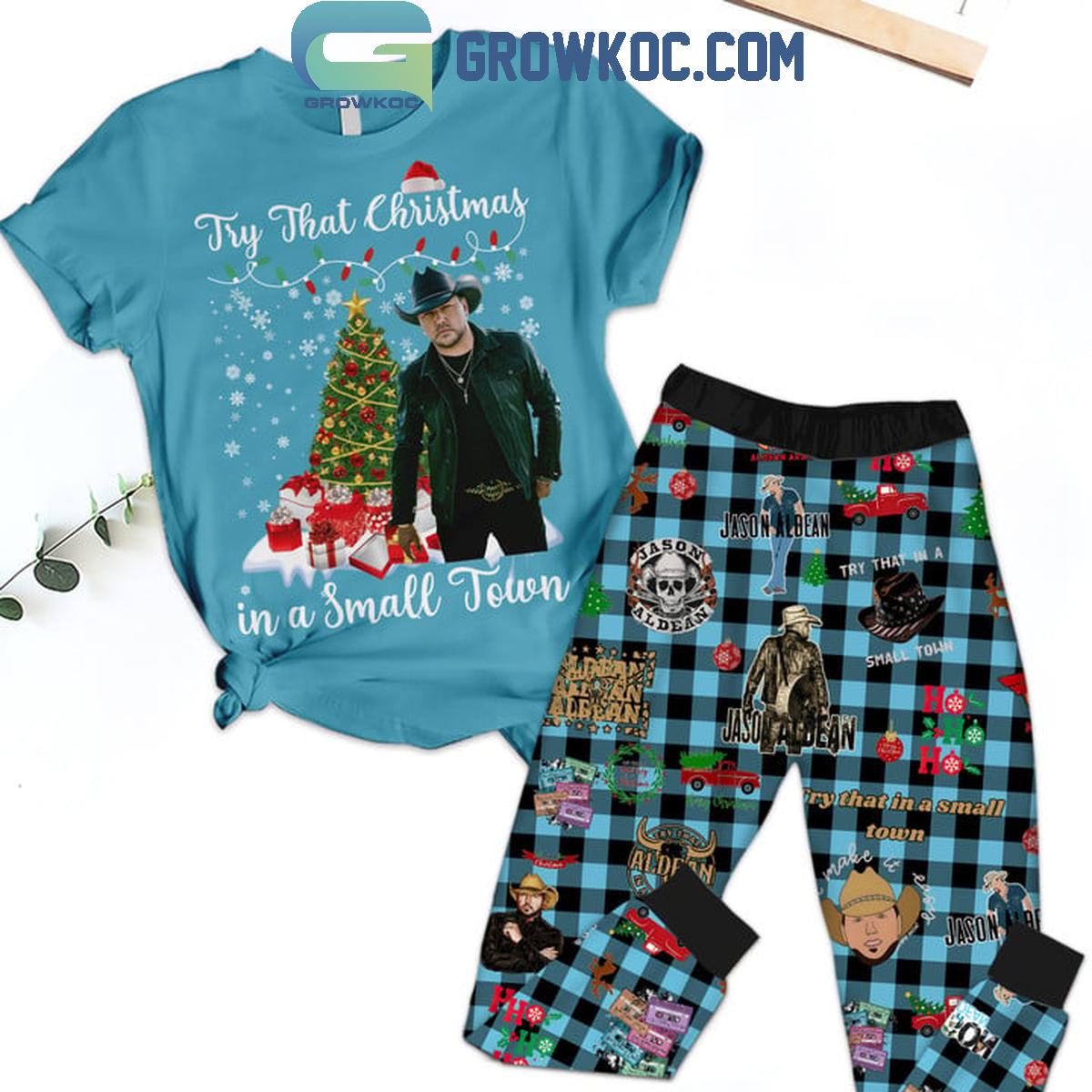 Jason Aldean Try That Christmas In A Small Town Fleece Pajamas Set 1 My2h9