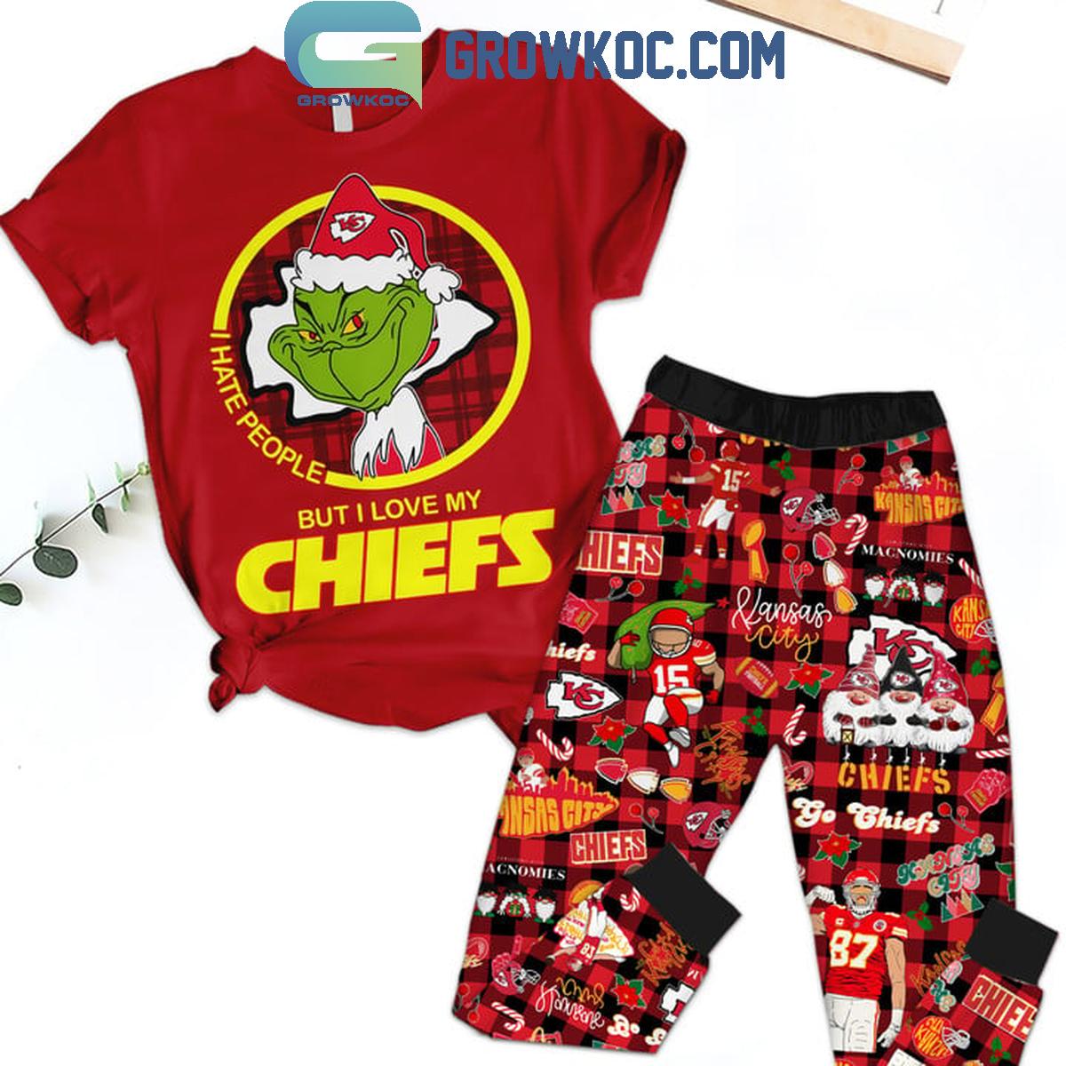 Kansas City Chiefs Grinch 2024 I Hate People But Love Chiefs Fleece Pajamas Set 1 QptZP