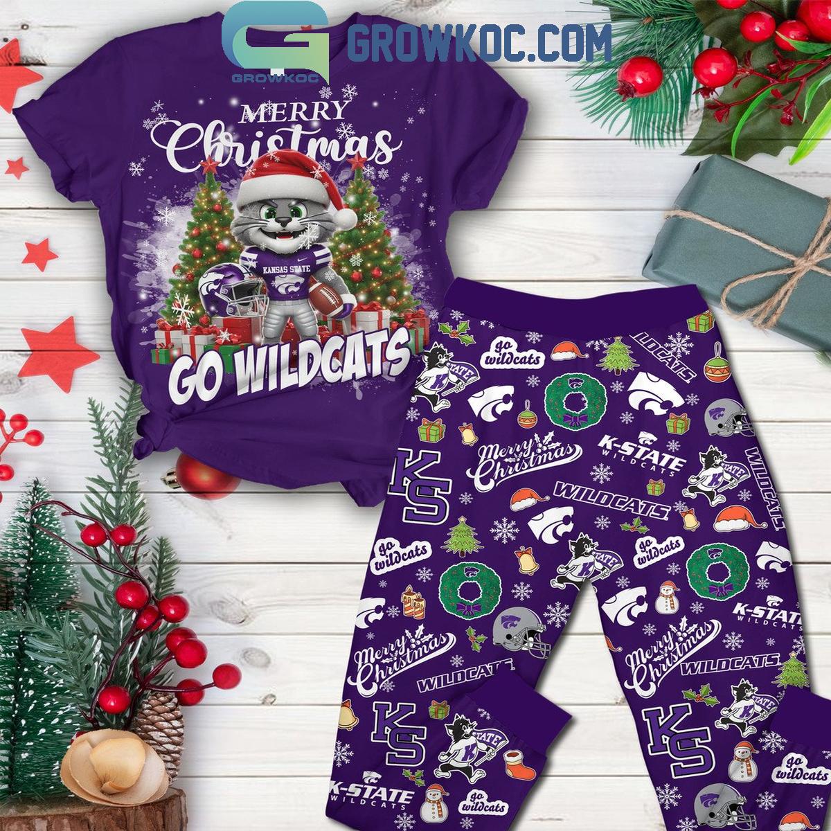 Kansas State Wildcats Merry Christmas Go Wildcats Fleece Pajamas Set 1 uBFdu