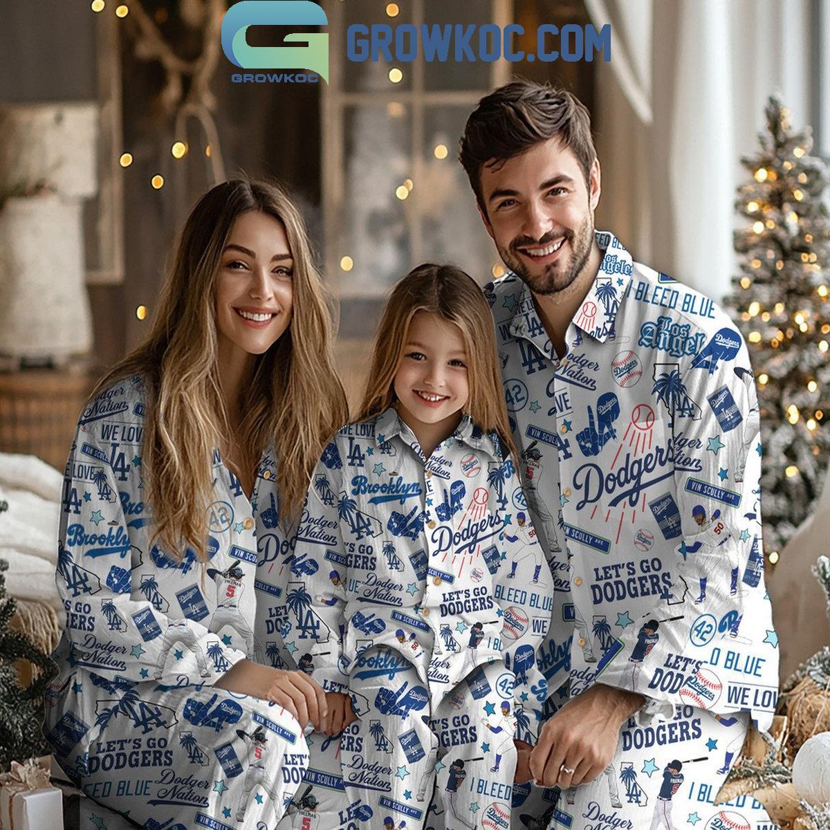 Los Angeles Dodgers Lets Go Dodgers Nation Christmas Polyester Pajamas Set 1 N2tey