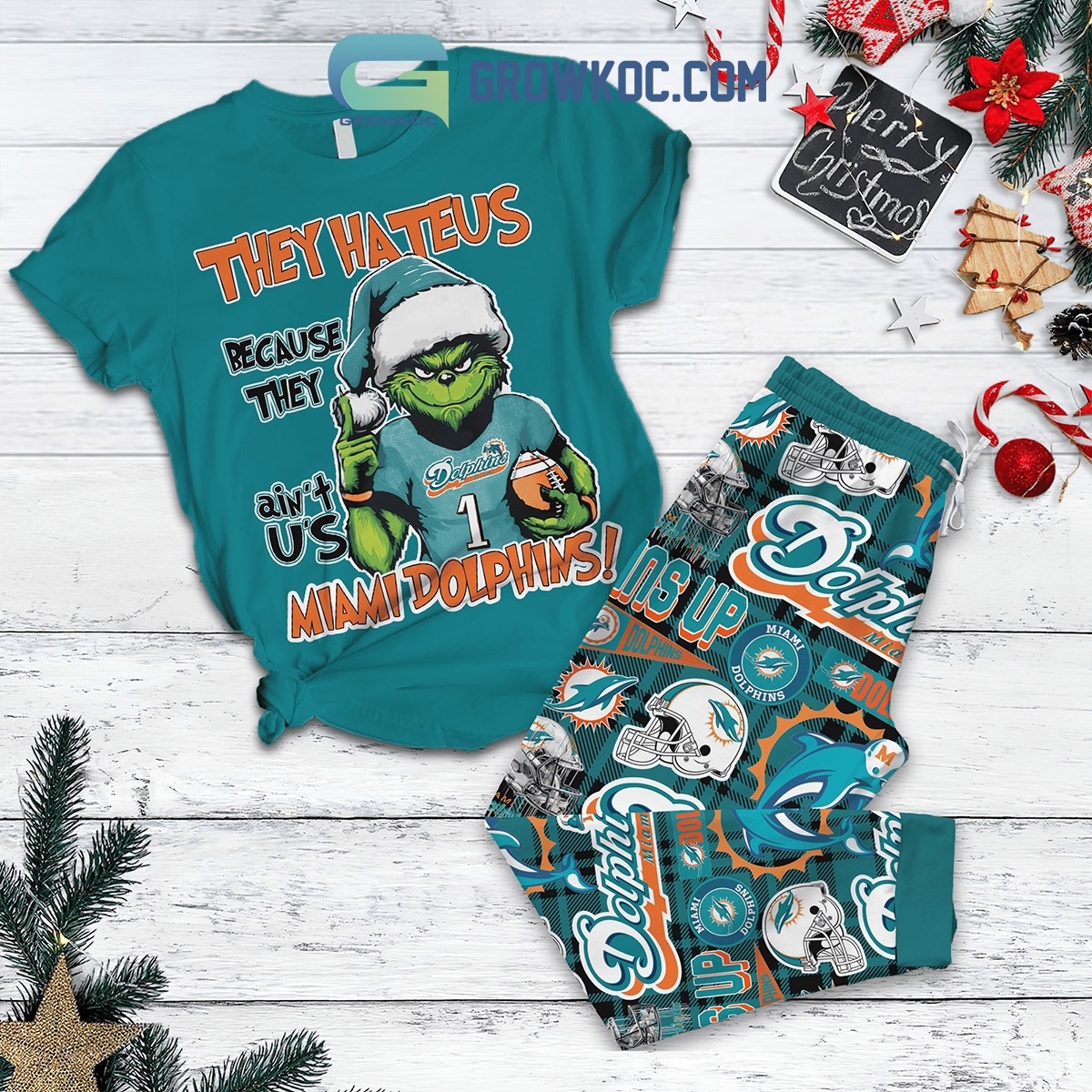 Miami Dolphins Grinch Hate Us Christmas Fleece Pajamas Set2B1 uRpBn