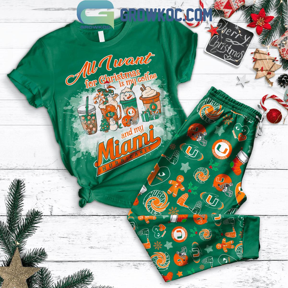 Miami Hurricanes All I Want For Christmas Is My Coffee And Hurricanes Fleece Pajamas Set 1 tzvip