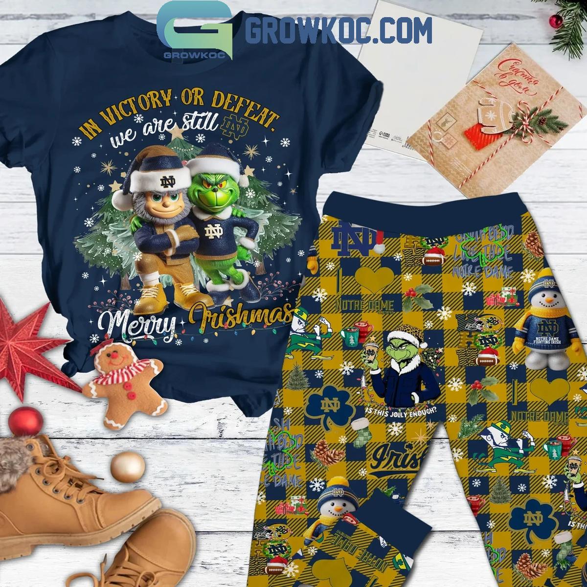 Notre Dame Fighting Irish In Victory Or Defeat Christmas Grinch Fleece Pajamas Set 1 xQxjK