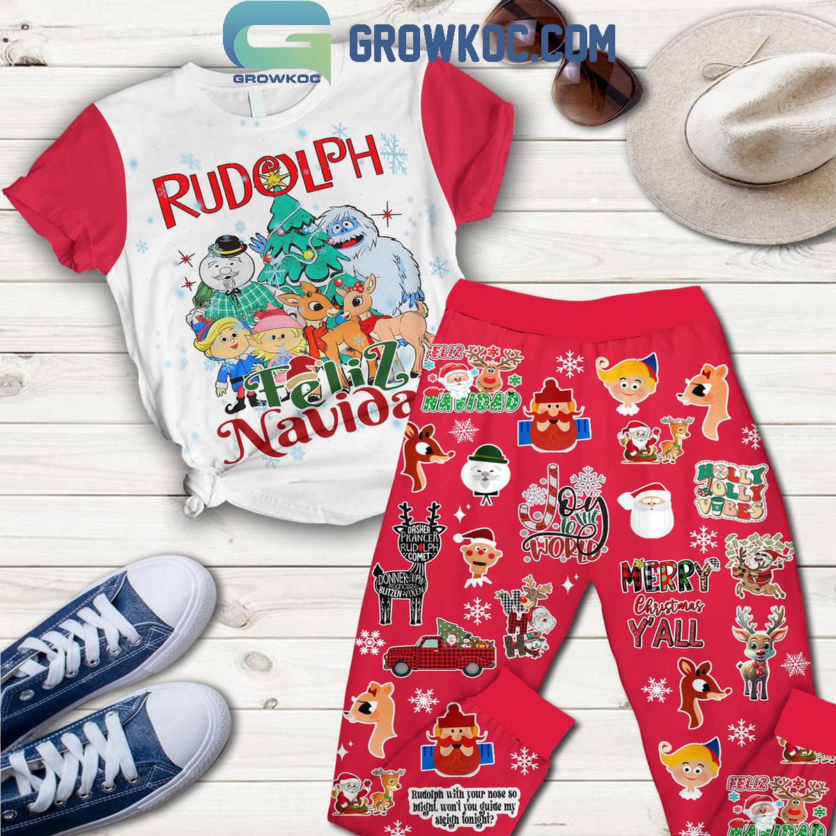 Rudolph Feliz Navidad Merry Christmas YAll Fleece Pajamas Set 1 ES0z7