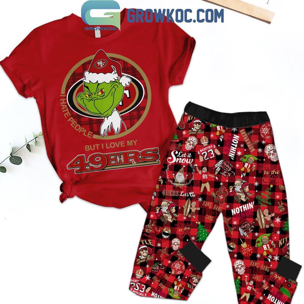 San Francisco 49ers Grinch 2024 I Hate People But Love 49ers Fleece Pajamas Set 1 l49Iz