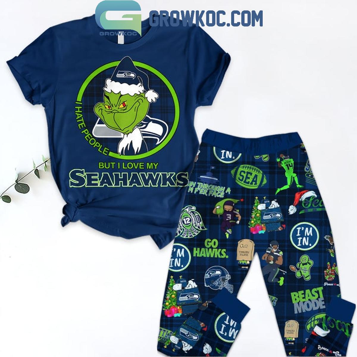 Seattle Seahawks Grinch 2024 I Hate People But Love Seahawks Fleece Pajamas Set 1 j52Ty