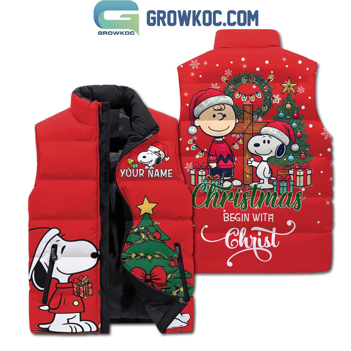 Snoopt Peanuts Christmas Begins With Christ Personalized Sleeveless Puffer Jacket 1 4AJM9