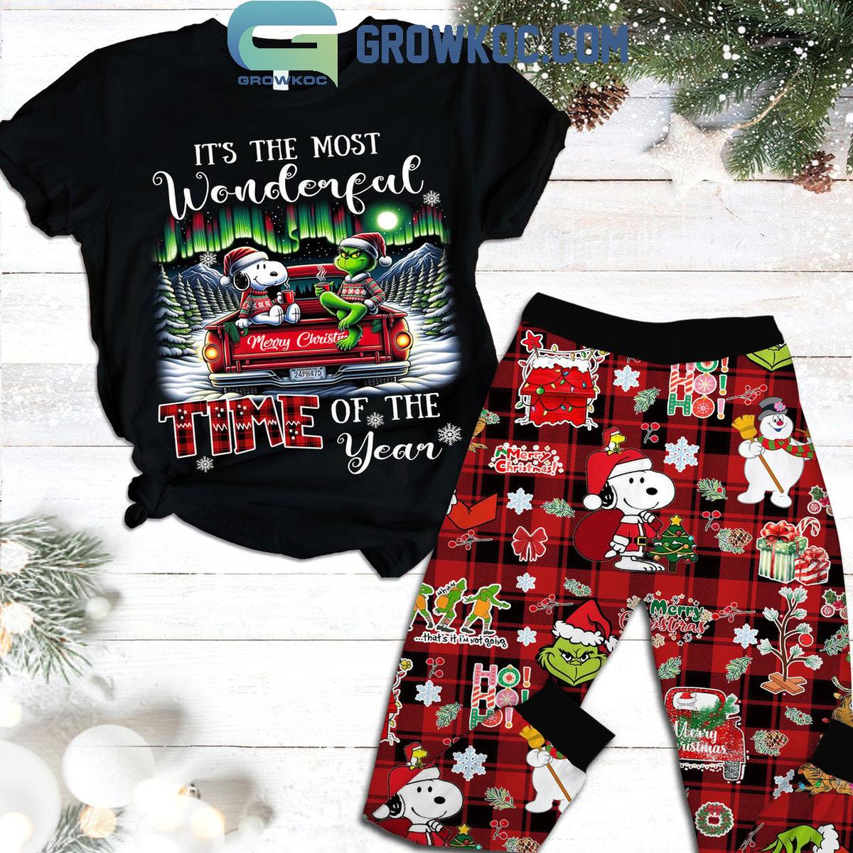 Snoopy Grinch Christmas The Most Wonderful Time Of The Year Fleece Pajamas Set 1 Uz19n