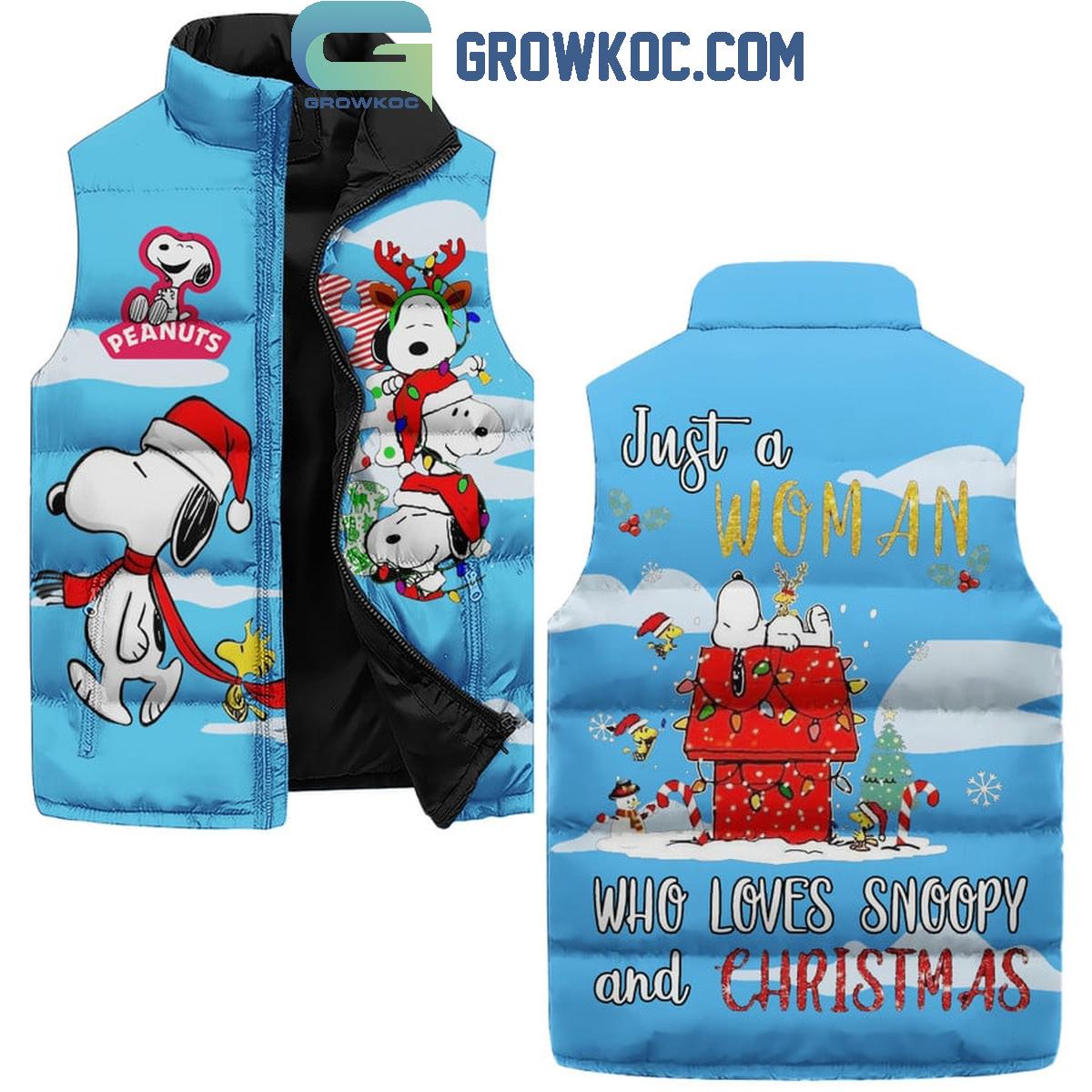 Snoopy Just A Woman Love Christmas 2024 Sleeveless Puffer Jacket 1 PwDpz