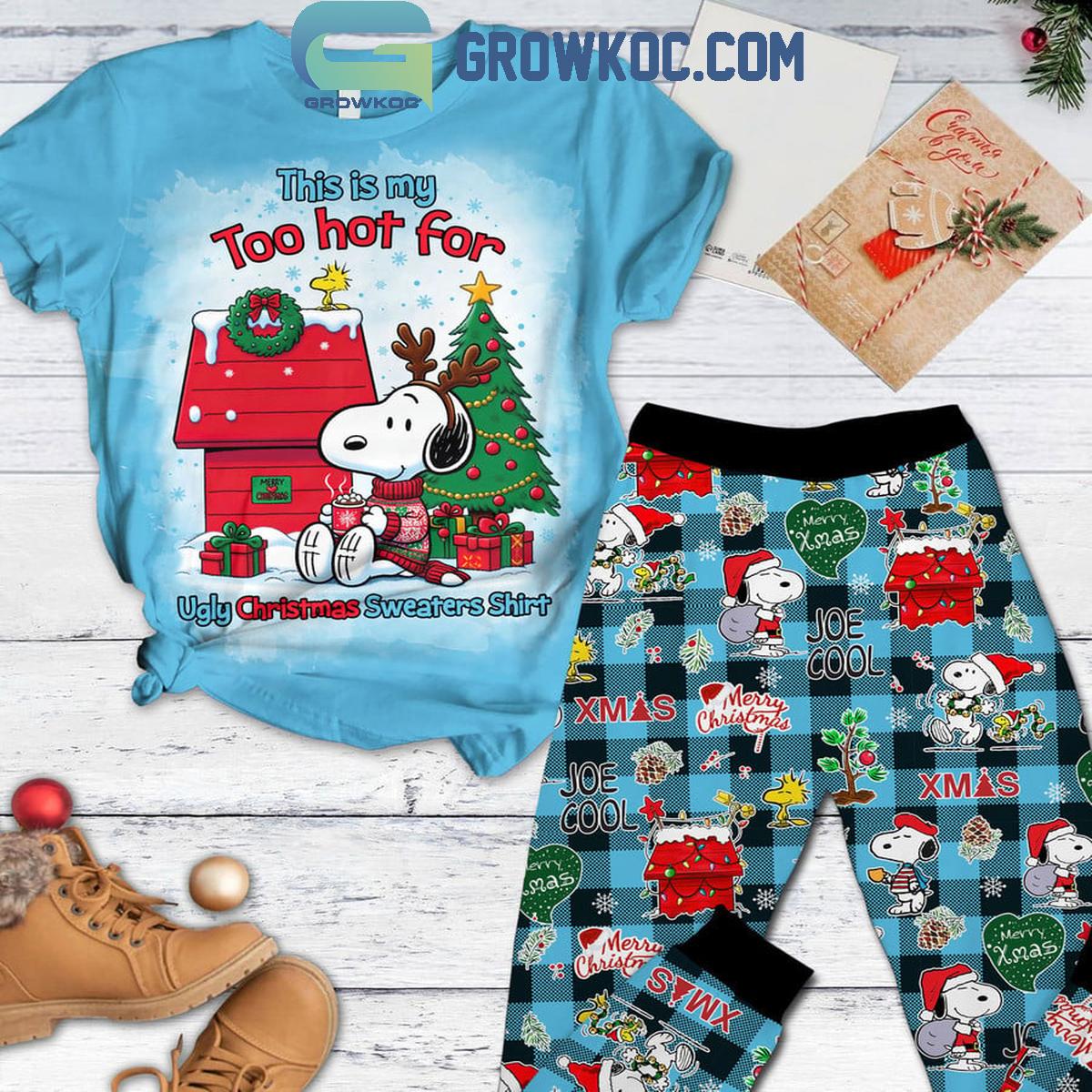 Snoopy This Is Too Hot For My Christmas Ugly Sweater Fleece Pajamas Set 1 psiHE