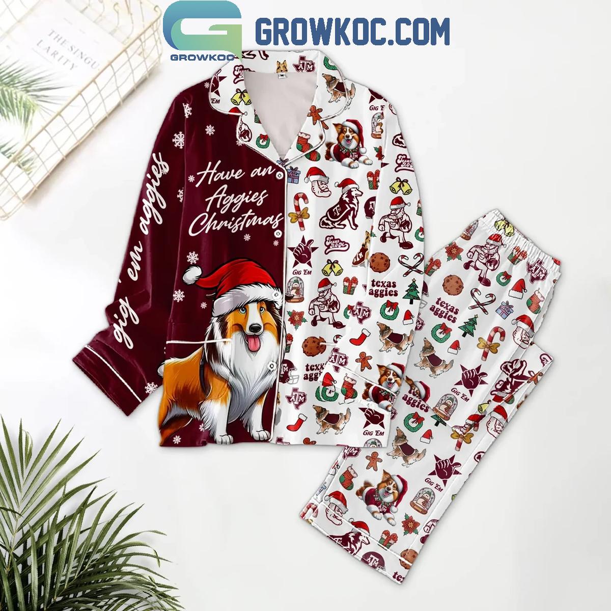 Texas A26M Aggies Christmas Merry Aggies Christmas Polyester Pajamas Set 1 e0H1V