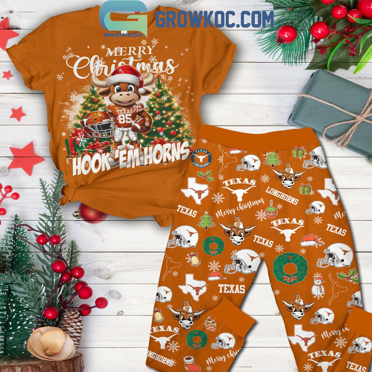 Texas Longhorns Merry Christmas Hook Em Horns 2024 Fleece Pajamas Set 1 tPbzA