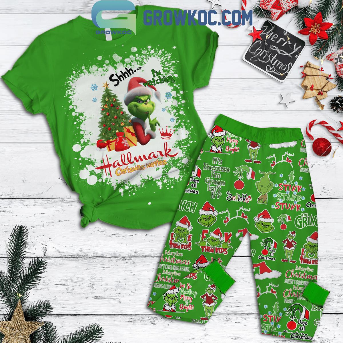 The Grinch Hallmark Merry Christmas Watching Fleece Pajamas Set 1 D5k58