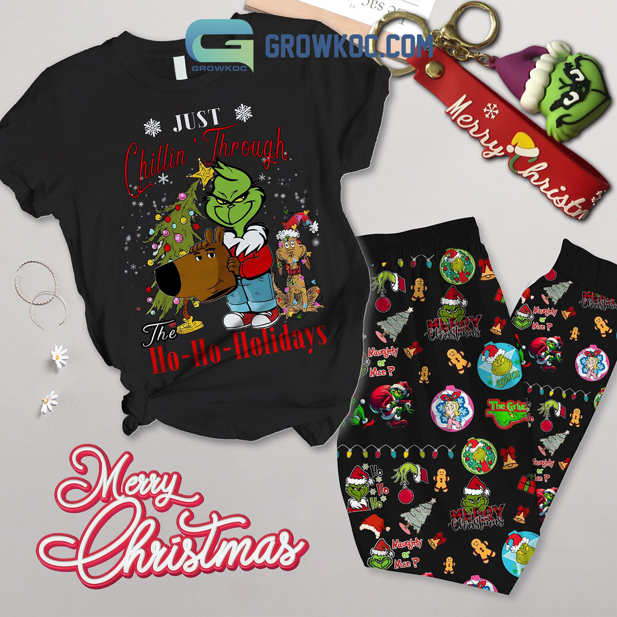 The Grinch Ho Ho Holidays Christmas 2024 Fleece Pajamas Set2B1 ZJagx