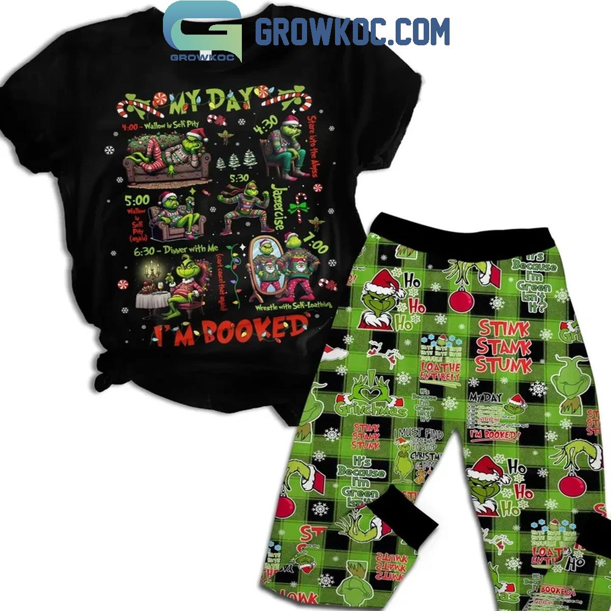 The Grinch Im Booked In Christmas Stink Stank Stunk Black Fleece Pajamas Set 1 nKyhG