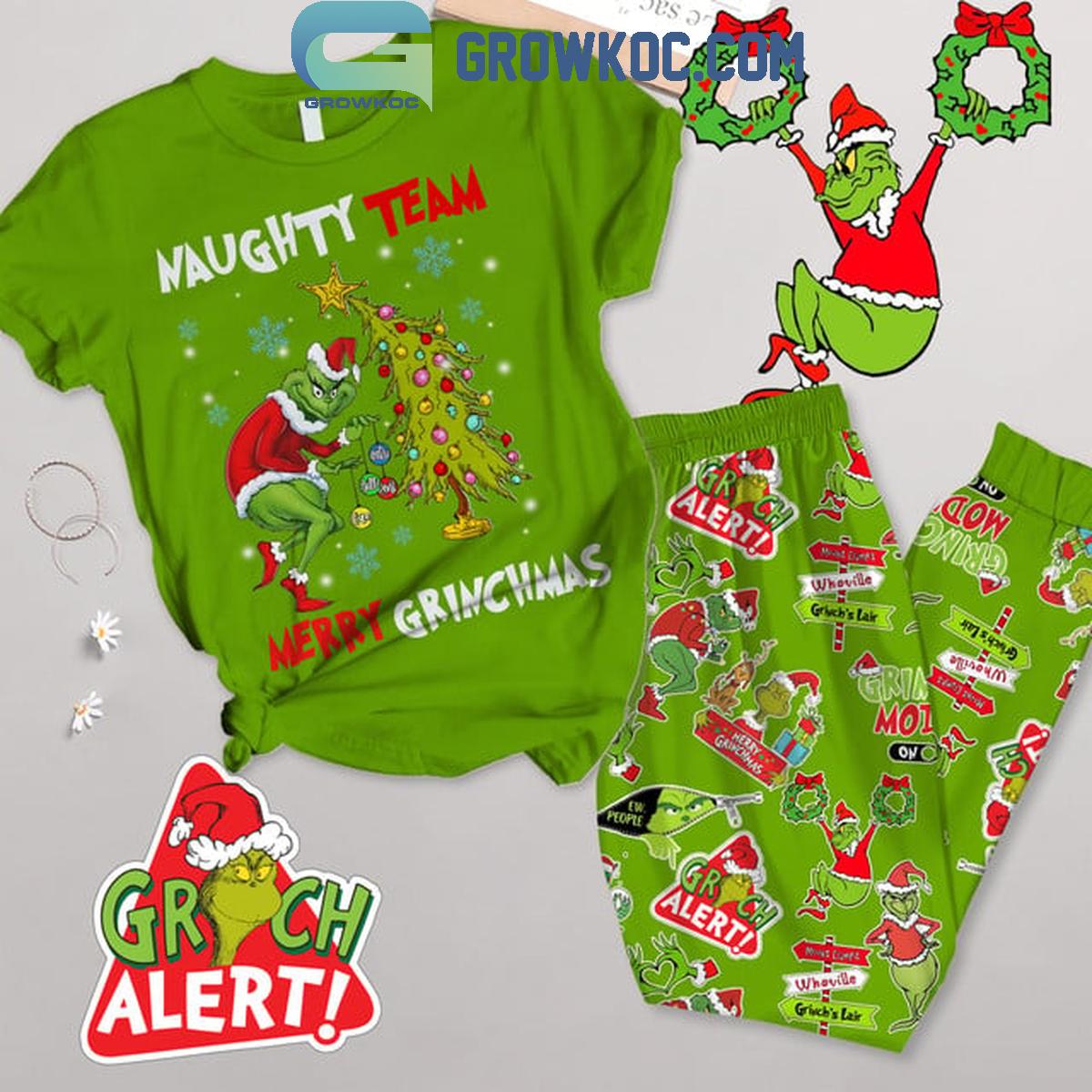 The Grinch Naughty Team Merry Grinchmas Christmas Green Fleece Pajamas Set 1 H9mQC