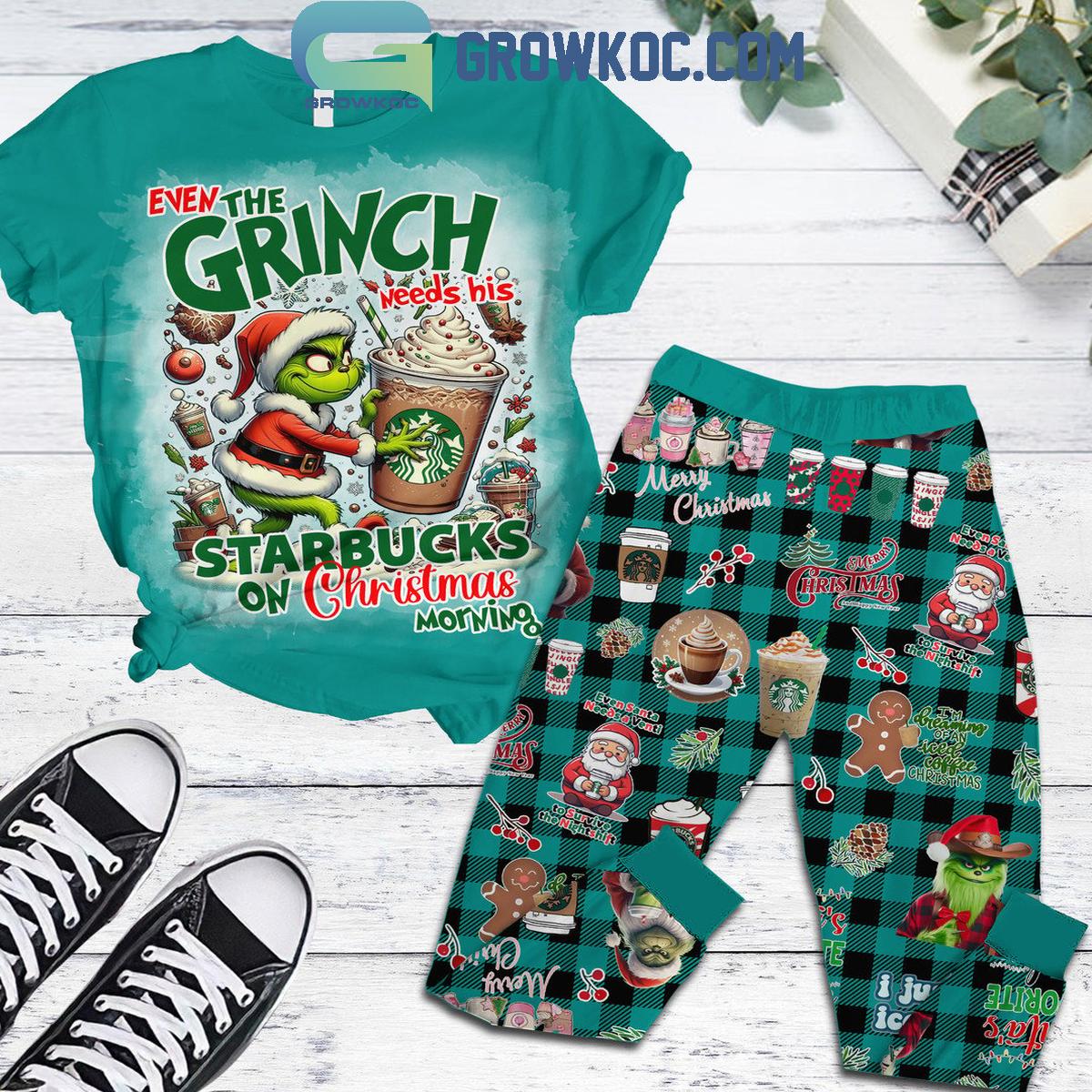 The Grinch Needs His Starbucks On Christmas Morning Fleece Pajamas Set 1 Bwx2m