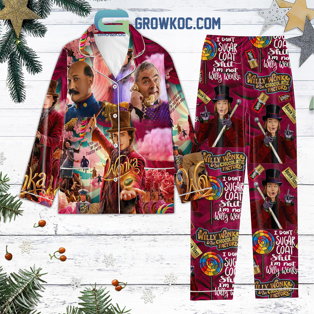 Willy Wonka And The Chocolate Factory I DonCE93C387C396t Sugar Coat Shit I m Not Willy Wonka Golden Ticket Christmas Silk Pajamas Set2B1 0GsYk