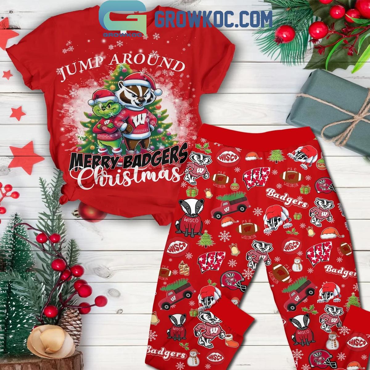 Wisconsin Badgers Jump Around Merry Badgers Christmas Fleece Pajamas Set 1 hy2rr