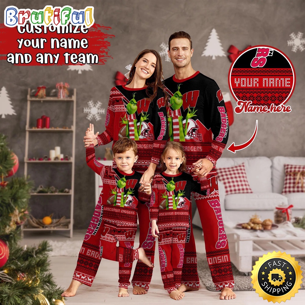 personalized ncaa wisconsin badgers pajamas xmas for sport family zq92q